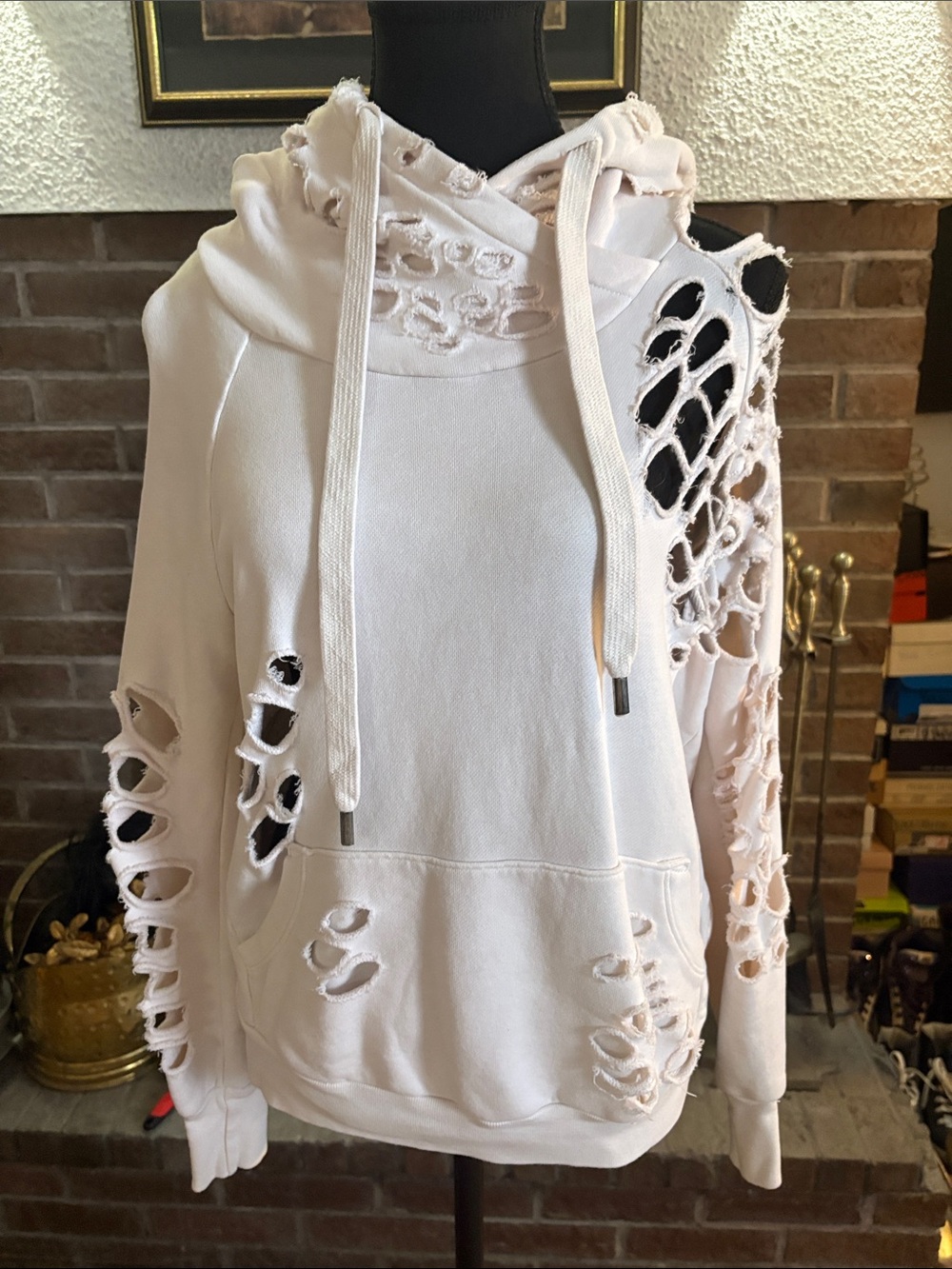 NSF Distressed Cream-White Lace-Up Hoodie